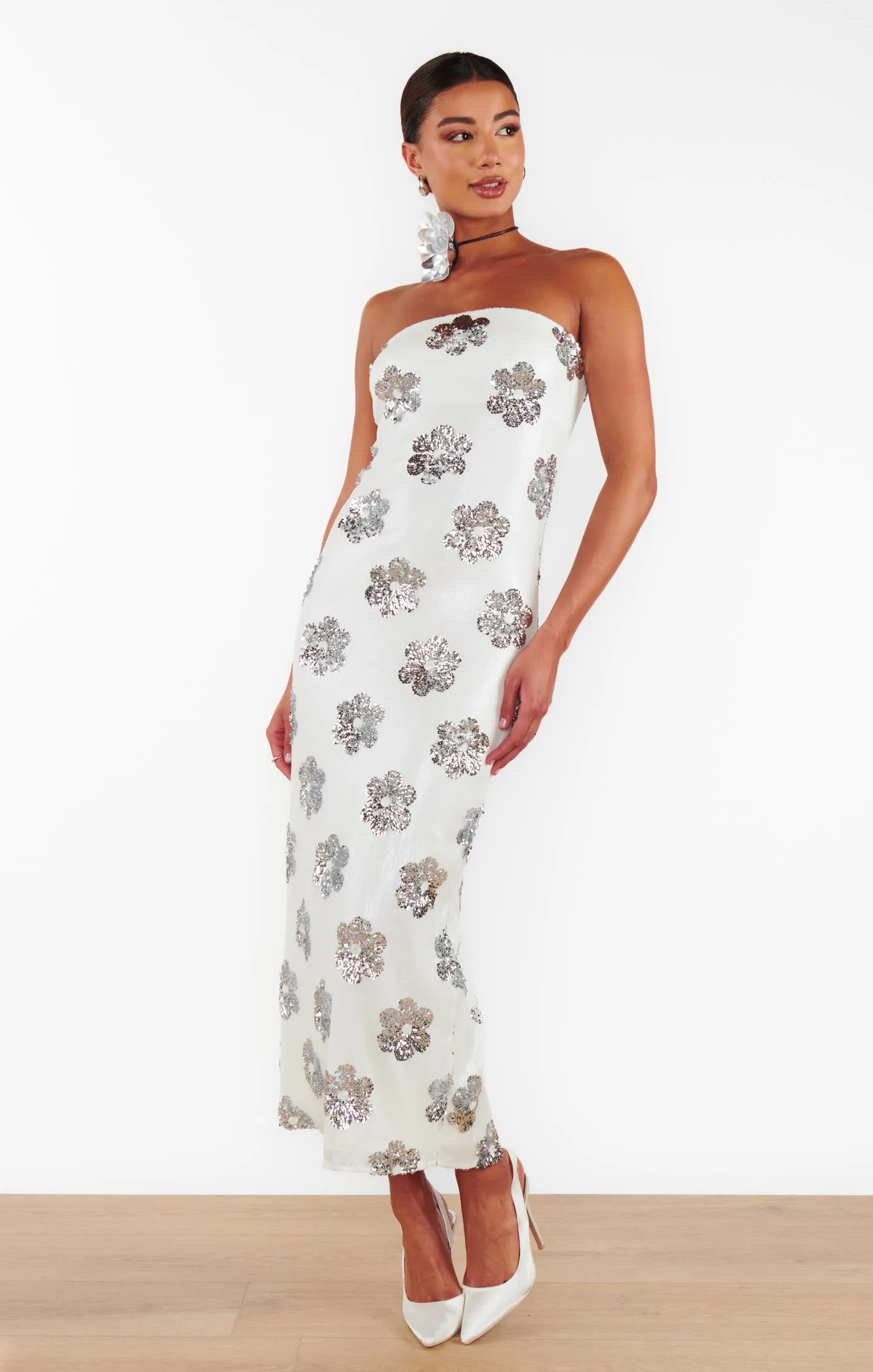 Robe tube Taylor ~ Paillettes Daisy Blanc