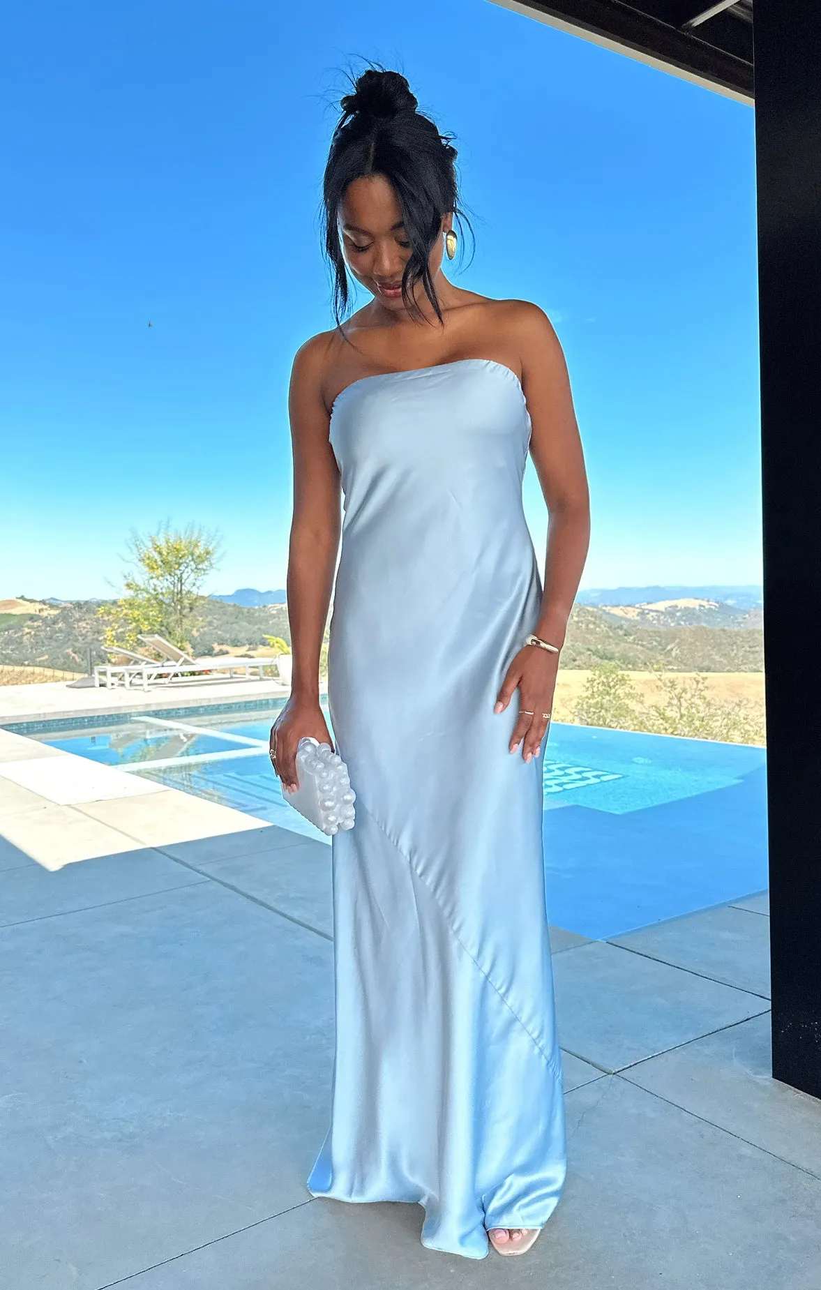Robe tube maxi Taylor ~ Satin luxe bleu acier