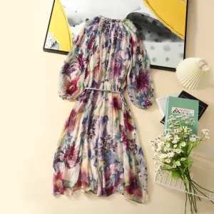 Robe vintage en soie à manches longues et col en V