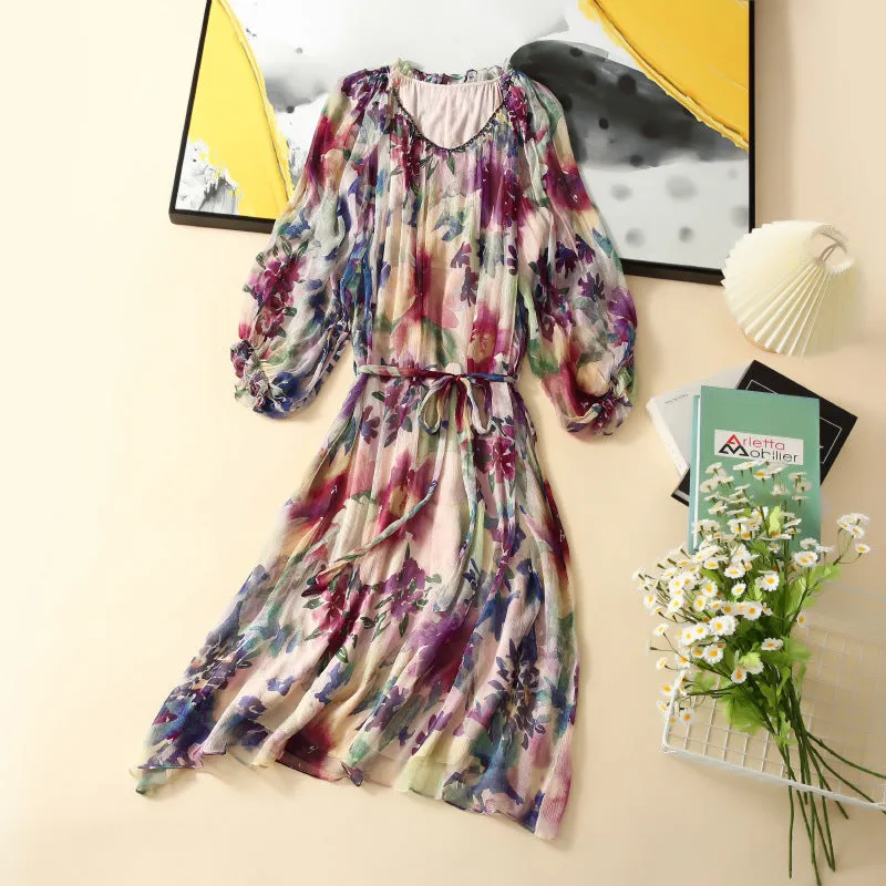 Robe vintage en soie à manches longues et col en V