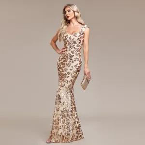 Robe de soirée sirène formelle pour femmes en paillettes dorées