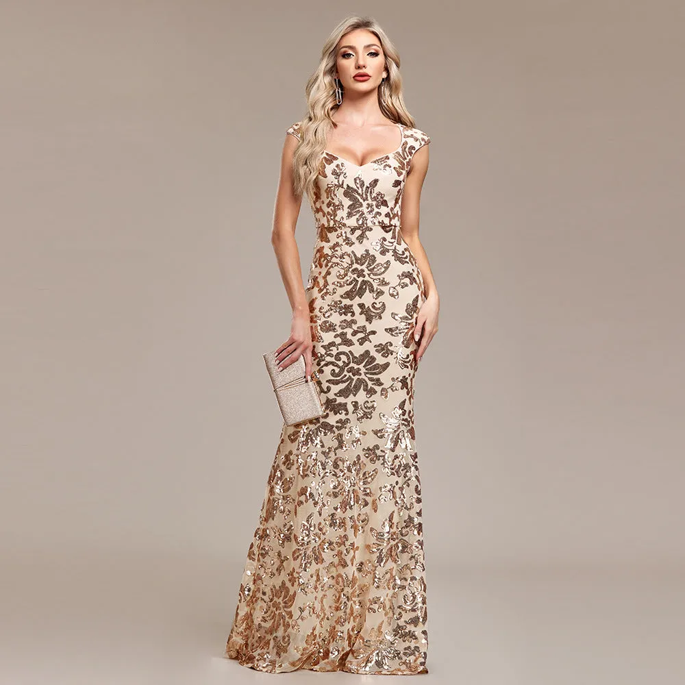 Robe de soirée sirène formelle pour femmes en paillettes dorées