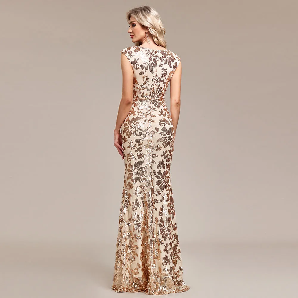 Robe de soirée sirène formelle pour femmes en paillettes dorées