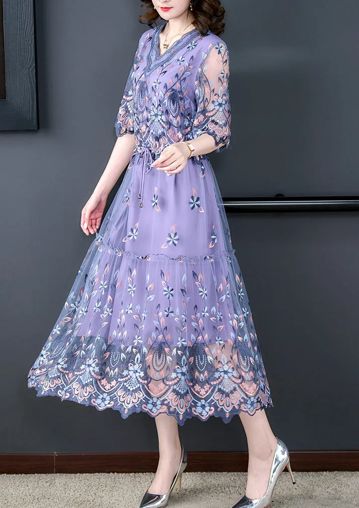 Robes élégantes pour femmes à col en V, broderies et manches courtes, tendance