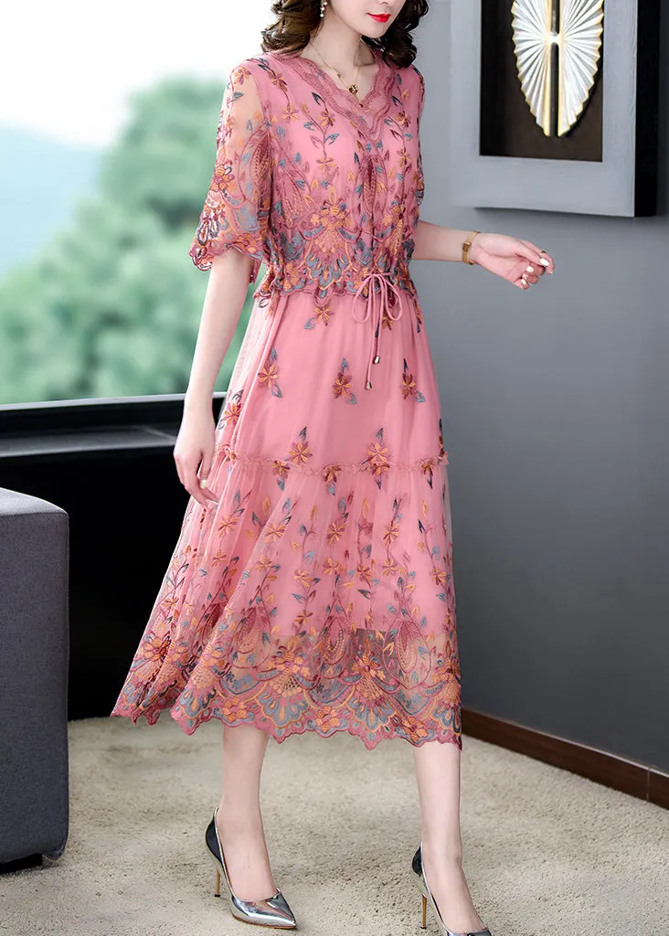 Robes élégantes pour femmes à col en V, broderies et manches courtes, tendance
