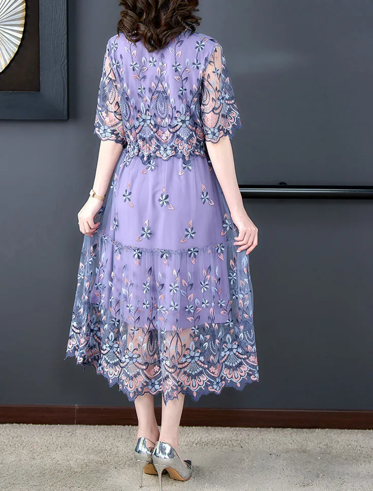 Robes élégantes pour femmes à col en V, broderies et manches courtes, tendance