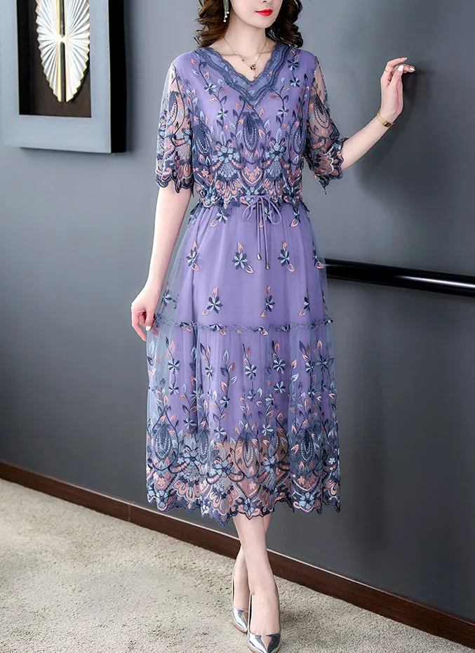 Robes élégantes pour femmes à col en V, broderies et manches courtes, tendance