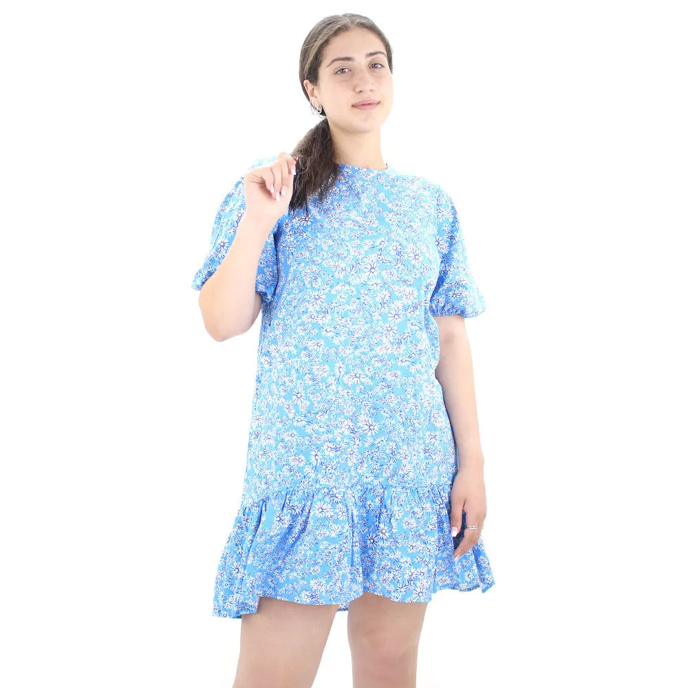 Robe décontractée à dos nu imprimée fleuri pour femme, Bleue