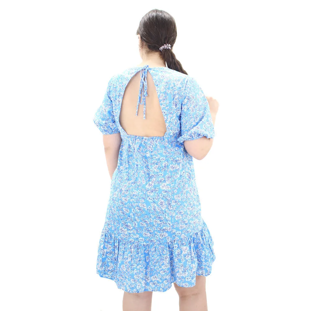 Robe décontractée à dos nu imprimée fleuri pour femme, Bleue