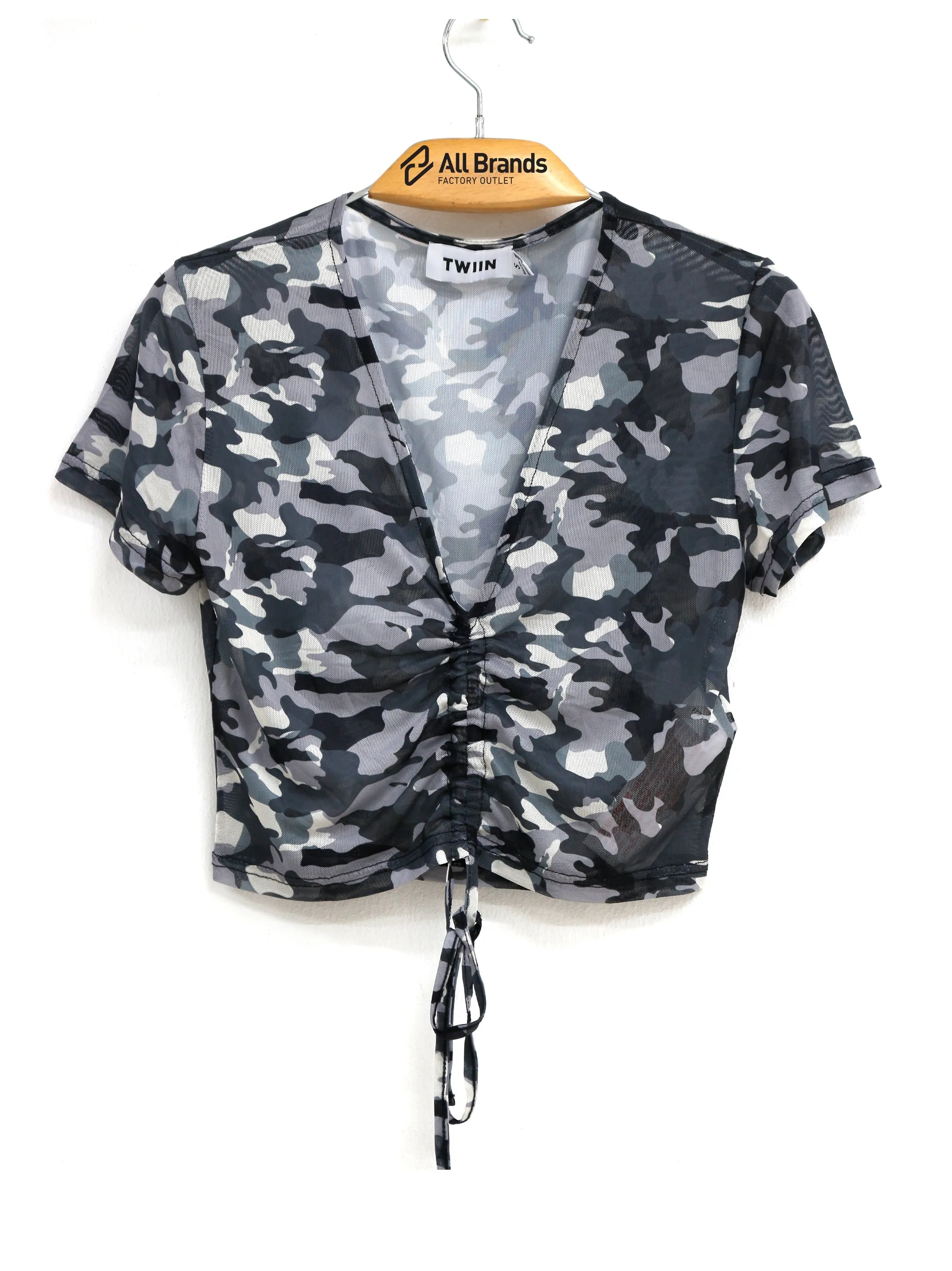 Haut en maille camouflage à fronces devant pour femme, gris foncé