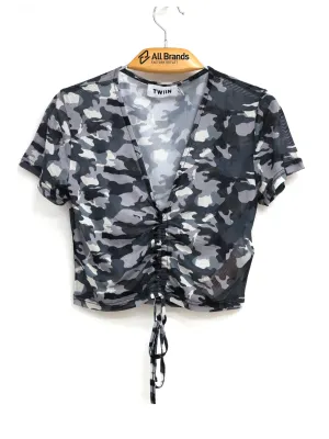 Haut en maille camouflage à fronces devant pour femme, gris foncé