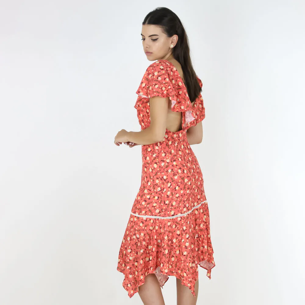 Robe midi décontractée à fleurs froncée pour femme, Corail