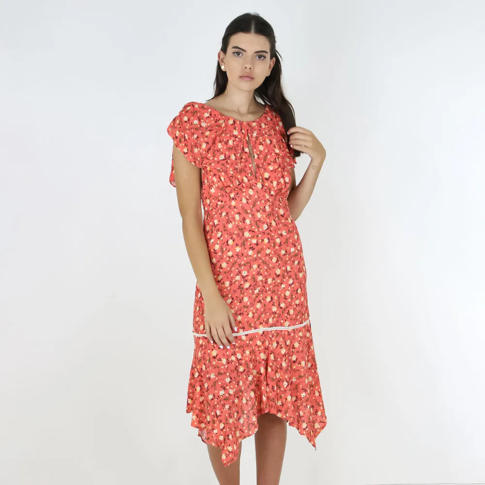 Robe midi décontractée à fleurs froncée pour femme, Corail