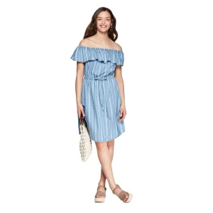 Robe décolletée à rayures avec volants pour femmes, bleu clair